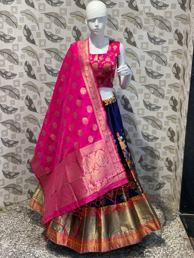 dark blue banarasi silk wedding lehenga