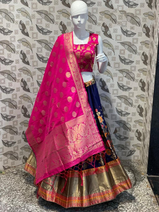 dark blue banarasi silk wedding lehenga