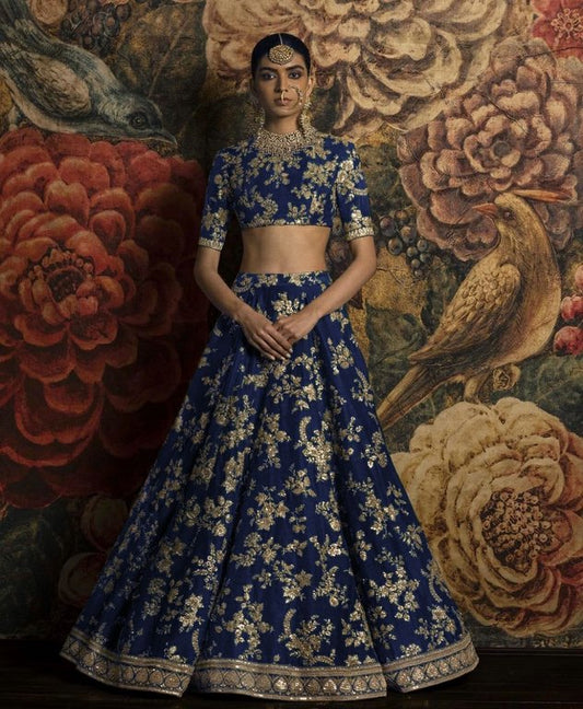Dark blue banglori silk heavy embroidered bridal wedding lehenga