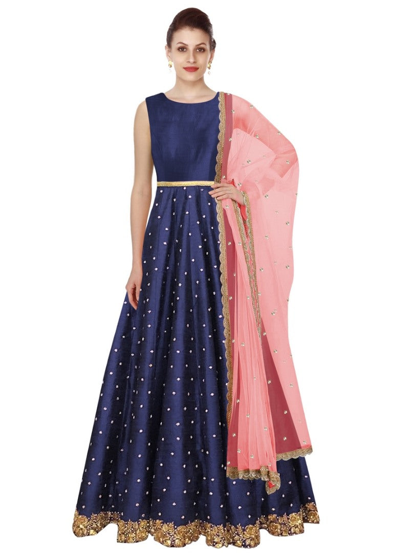 dark blue banglori silk long partywear gown