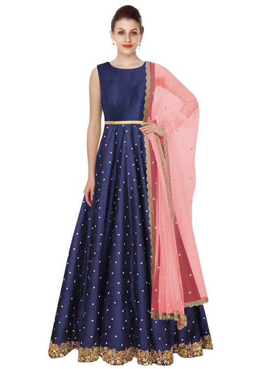 dark blue banglori silk long partywear gown
