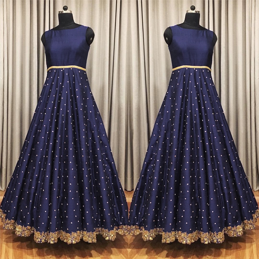 dark blue banglori silk long partywear gown