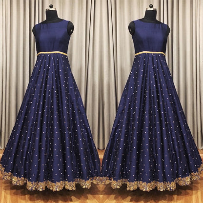 dark blue banglori silk long partywear gown