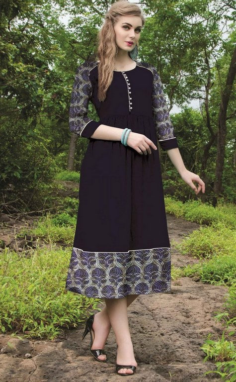Dark Blue Colored Cotton Printed Stitched Kurti