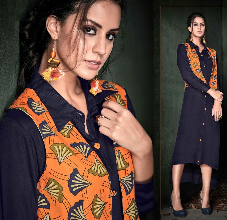 Dark Blue Colored Rayon Printed Koti and Button Work Shirt Style Stitched Kurti