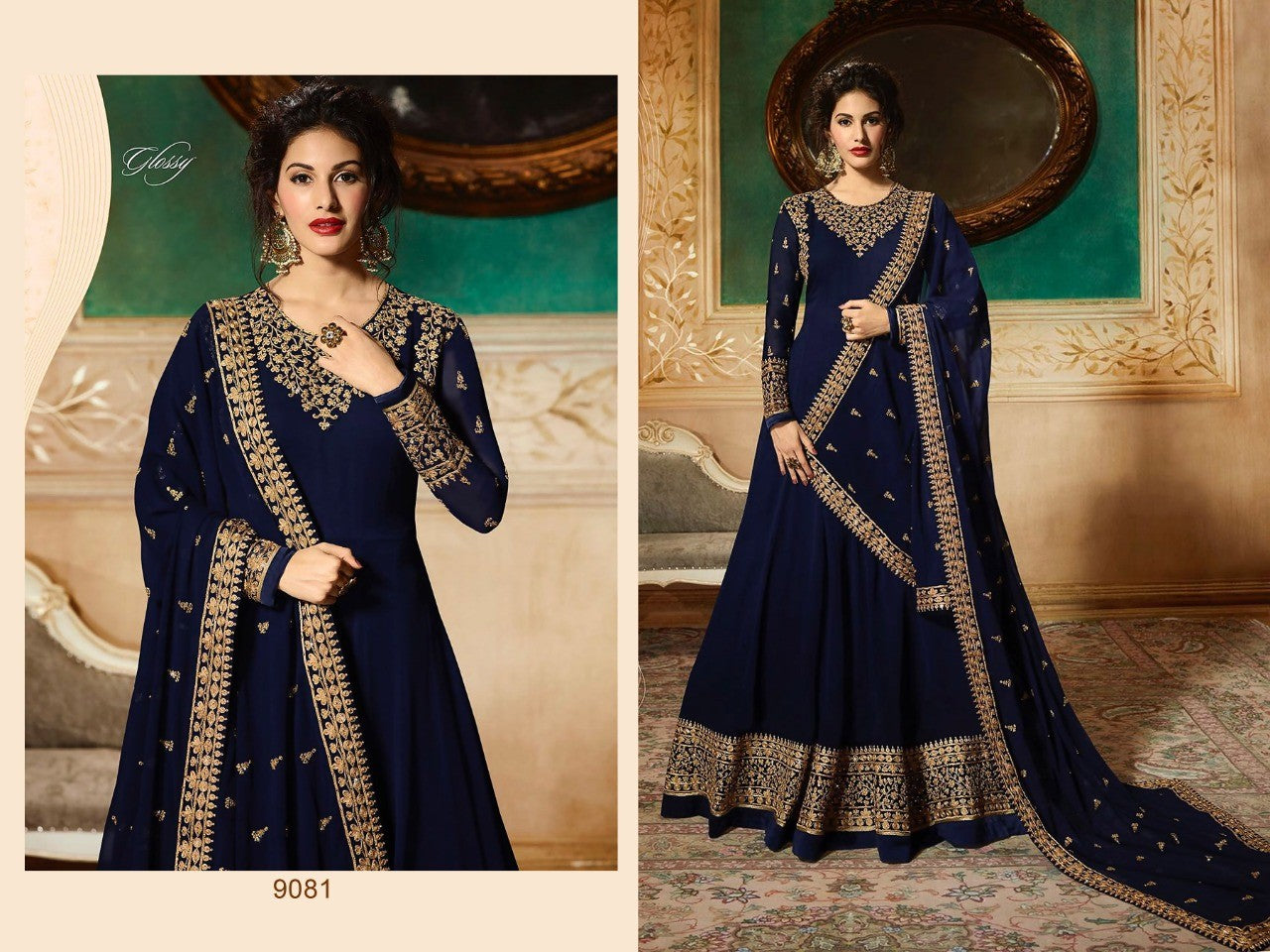 Dark blue georgette emboridered long anarkali suit