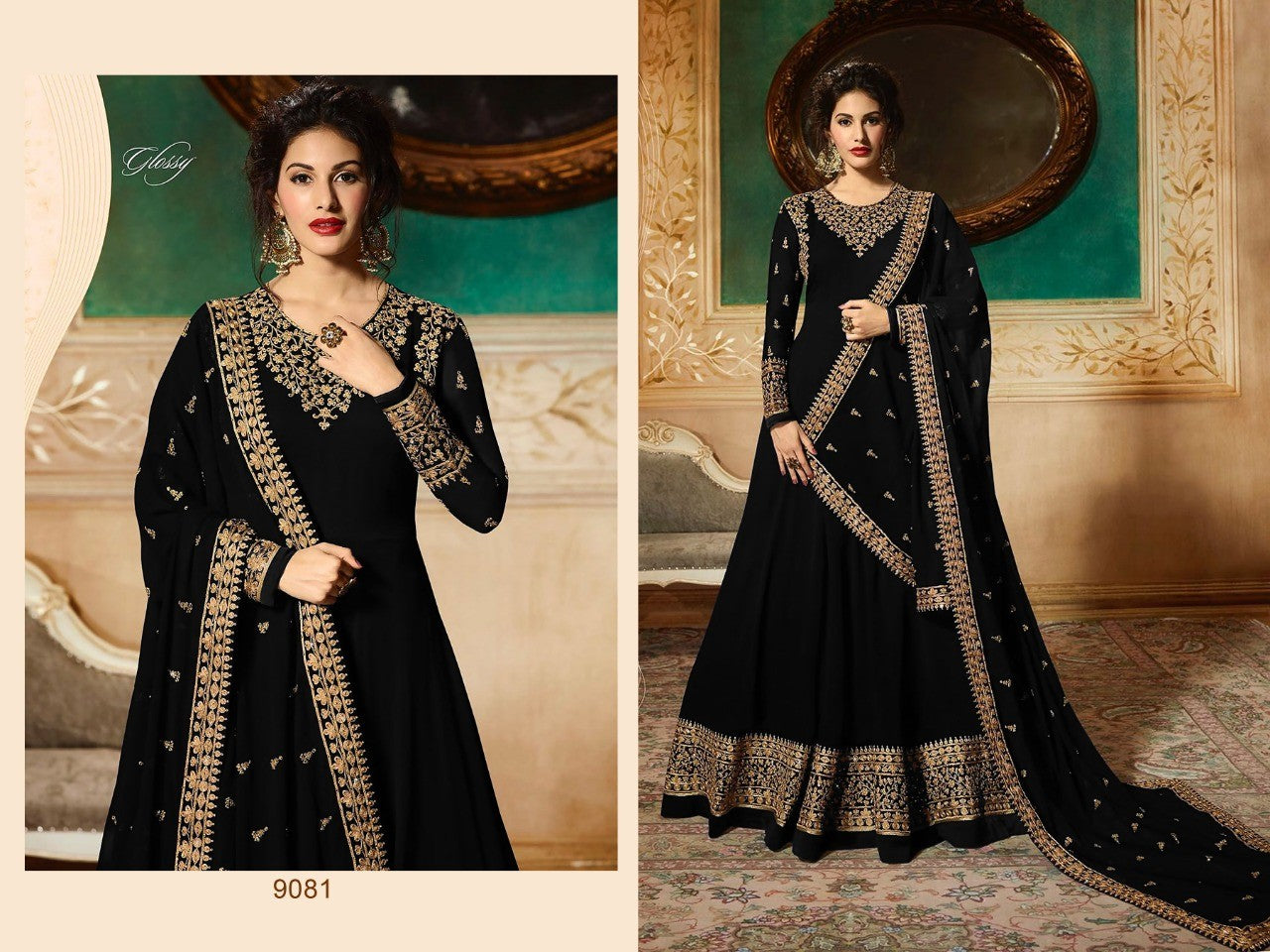 Dark blue georgette emboridered long anarkali suit