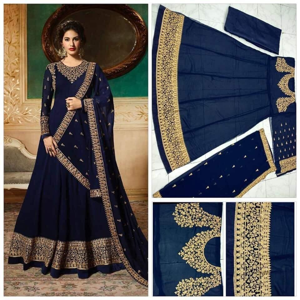 Dark blue georgette emboridered long anarkali suit