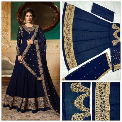 Dark blue georgette emboridered long anarkali suit