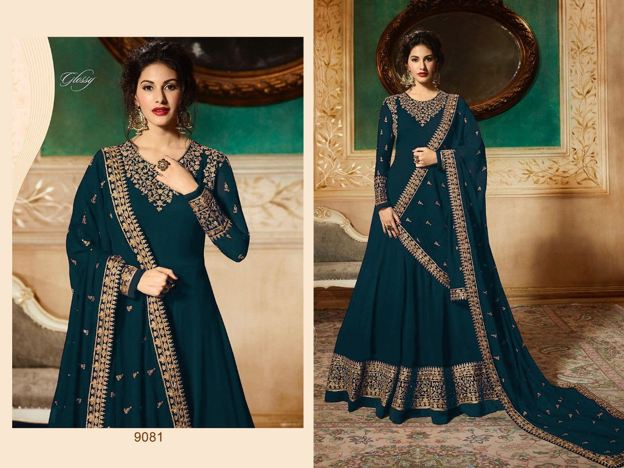 Dark blue georgette emboridered long anarkali suit