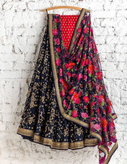 Dark blue georgette embroidered festival wear lehenga choli