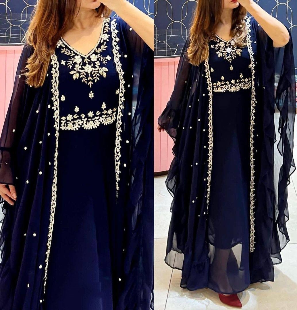 Dark blue georgette embroidered indowestern gown