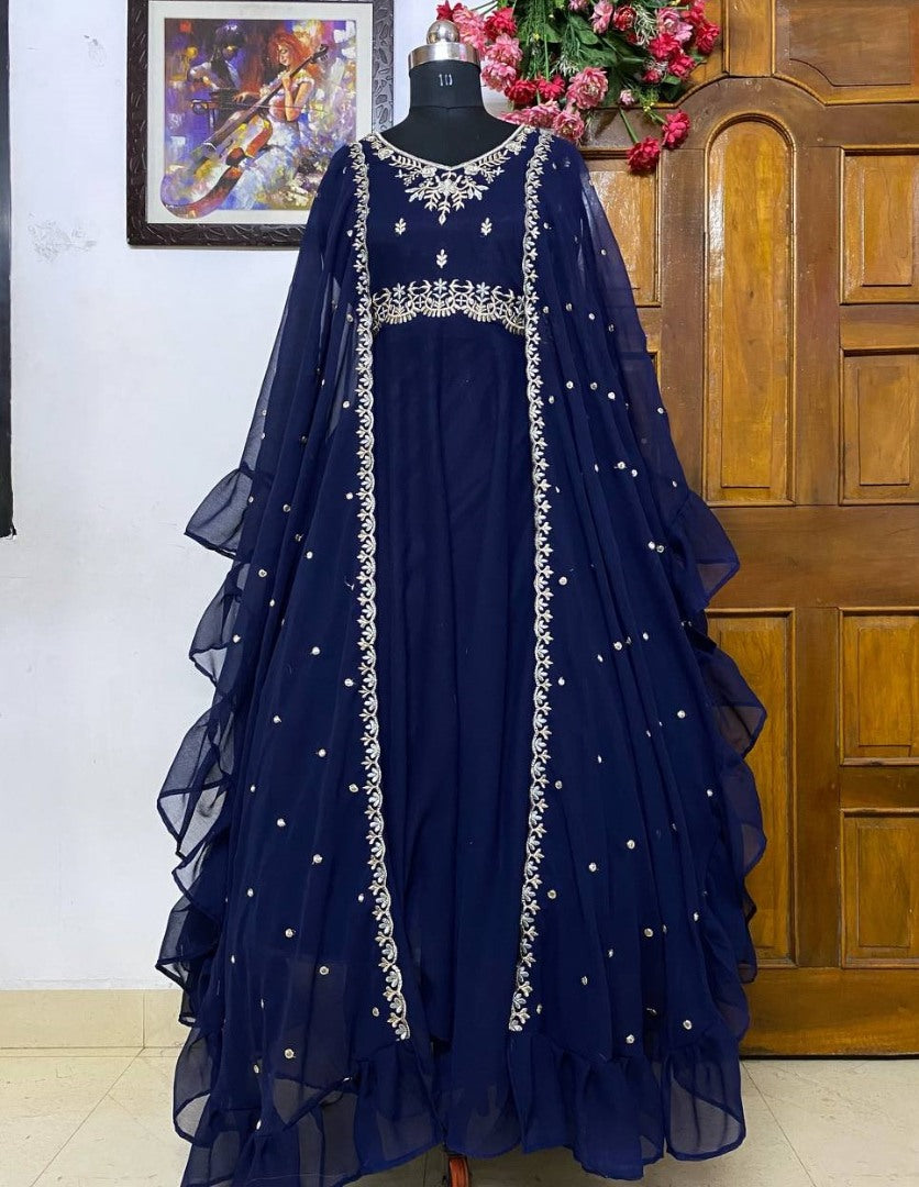 Dark blue georgette embroidered indowestern gown