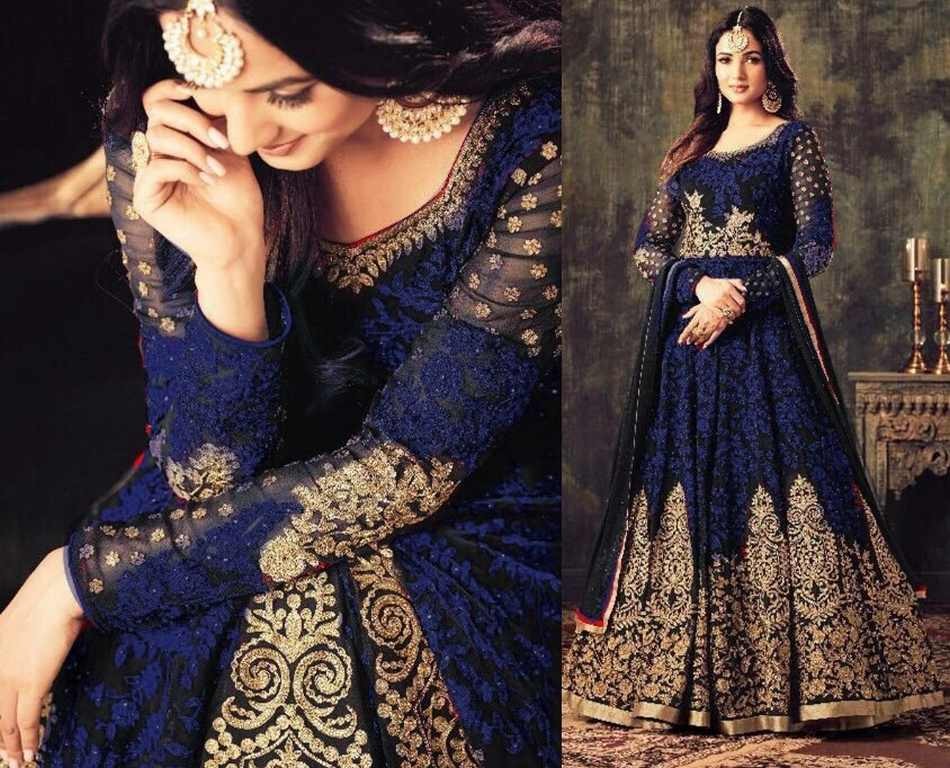 dark blue georgette heavy embroidered wedding gown