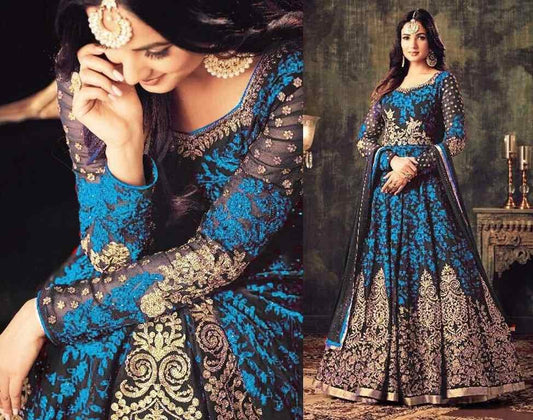 dark blue georgette heavy embroidered wedding gown