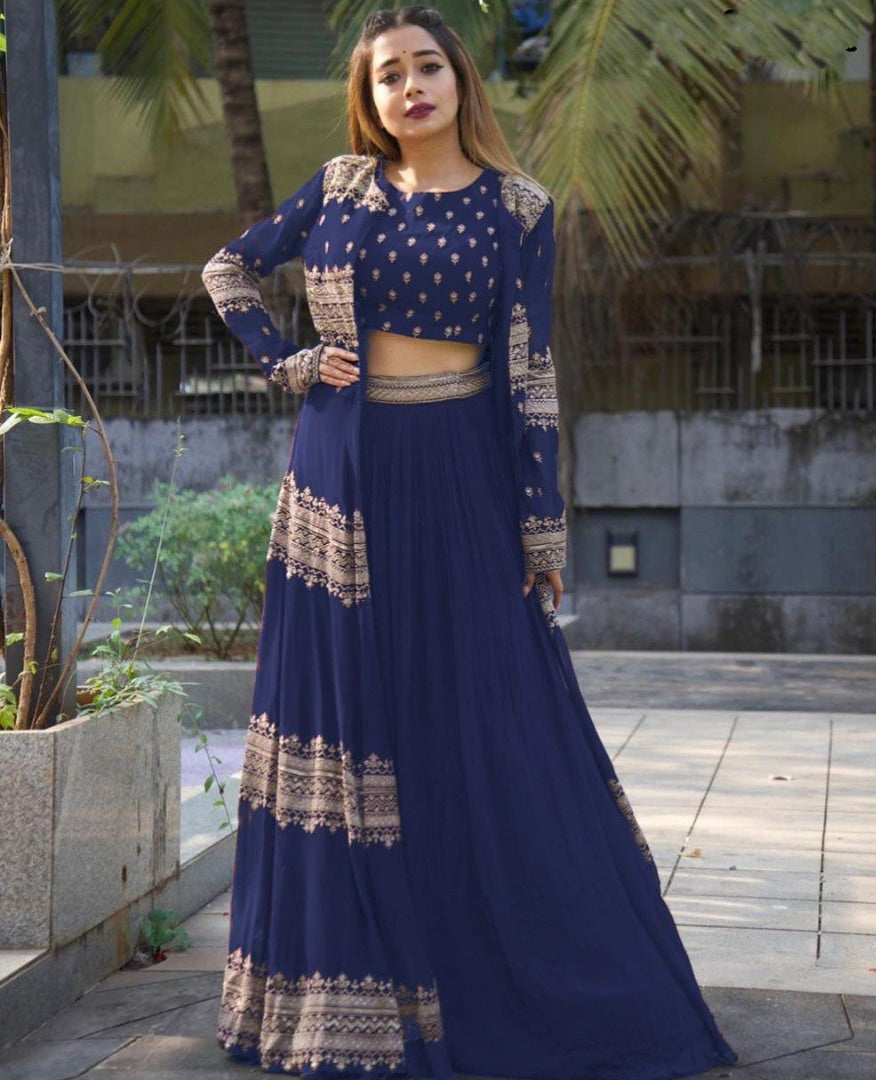 Dark blue georgette heavy embroidered work lehenga choli with koti