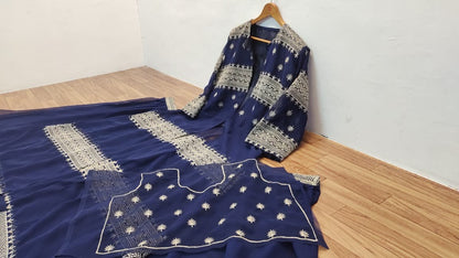 Dark blue georgette heavy embroidered work lehenga choli with koti
