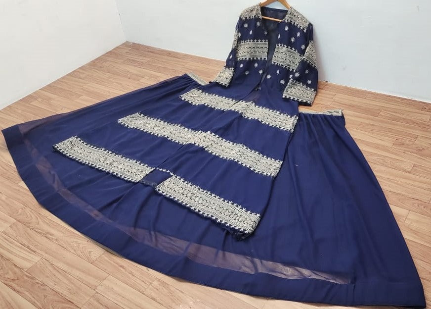 Dark blue georgette heavy embroidered work lehenga choli with koti