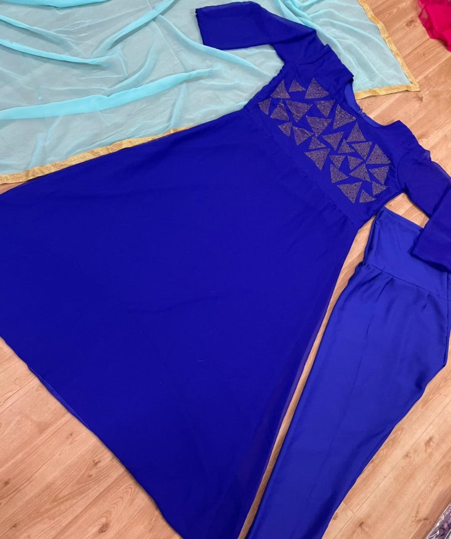Dark blue georgette hot fixing diamond salwar suit