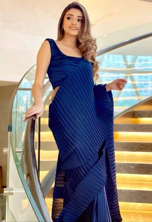 Dark blue georgette pleated partywear saree