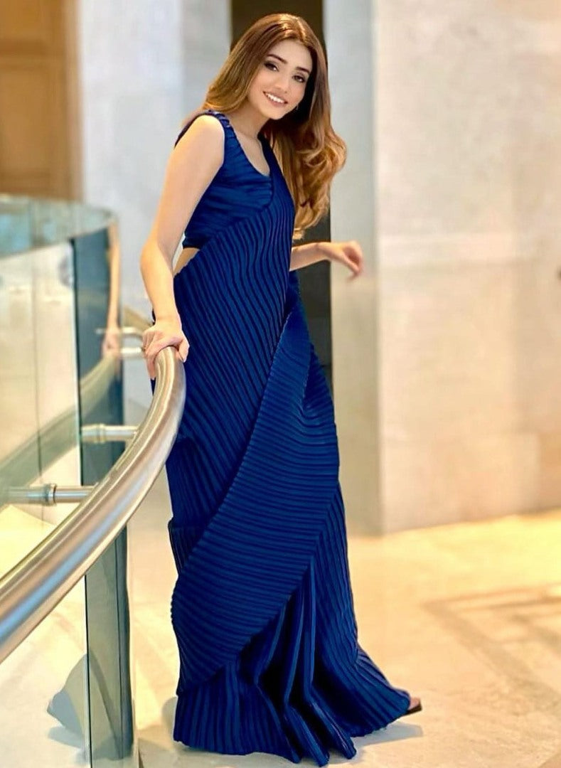 Dark blue georgette pleated partywear saree