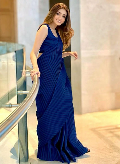 Dark blue georgette pleated partywear saree