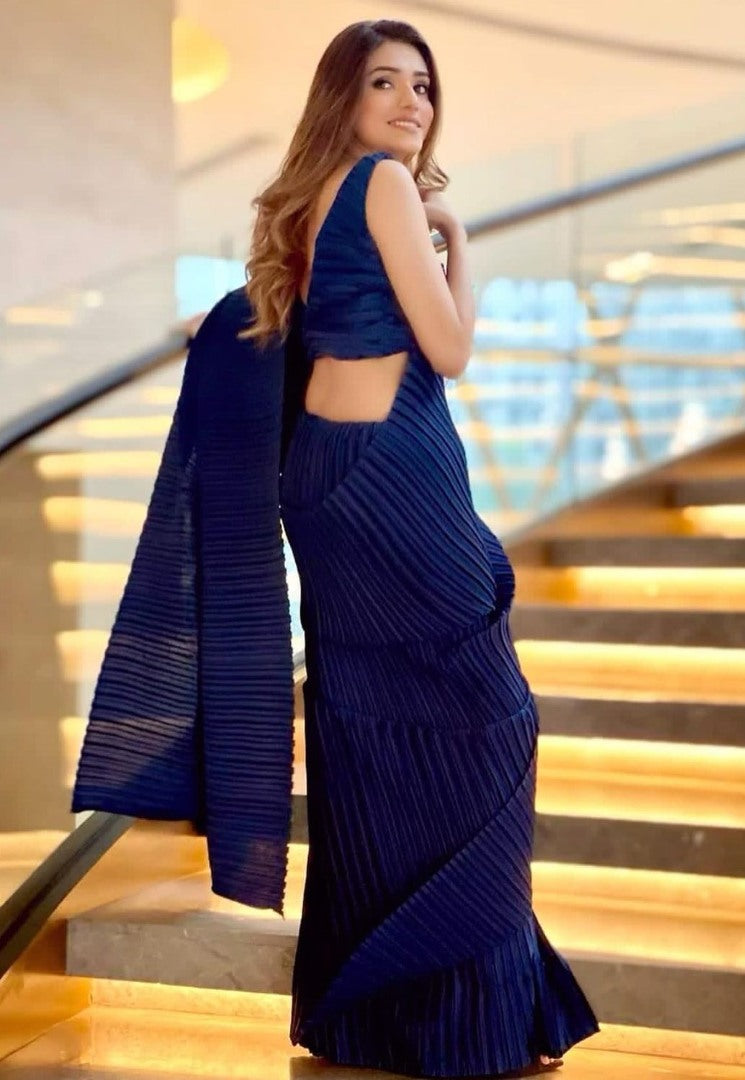 Dark blue georgette pleated partywear saree