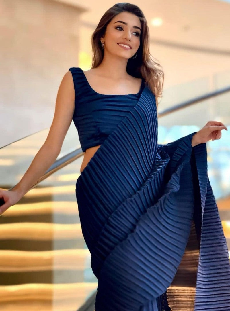 Dark blue georgette pleated partywear saree