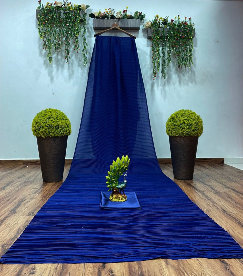 Dark blue georgette pleated partywear saree