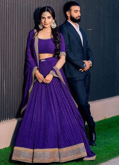 Dark blue georgette printed embriodered lace ceremonial lehenga choli