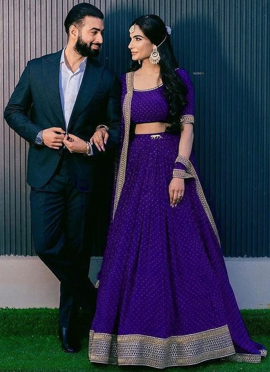 Dark blue georgette printed embriodered lace ceremonial lehenga choli