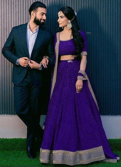 Dark blue georgette printed embriodered lace ceremonial lehenga choli