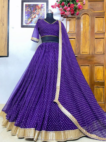 Dark blue georgette printed embriodered lace ceremonial lehenga choli