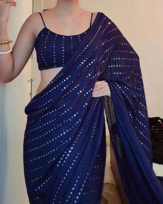 Dark blue georgette thread and sequence work party wear saree