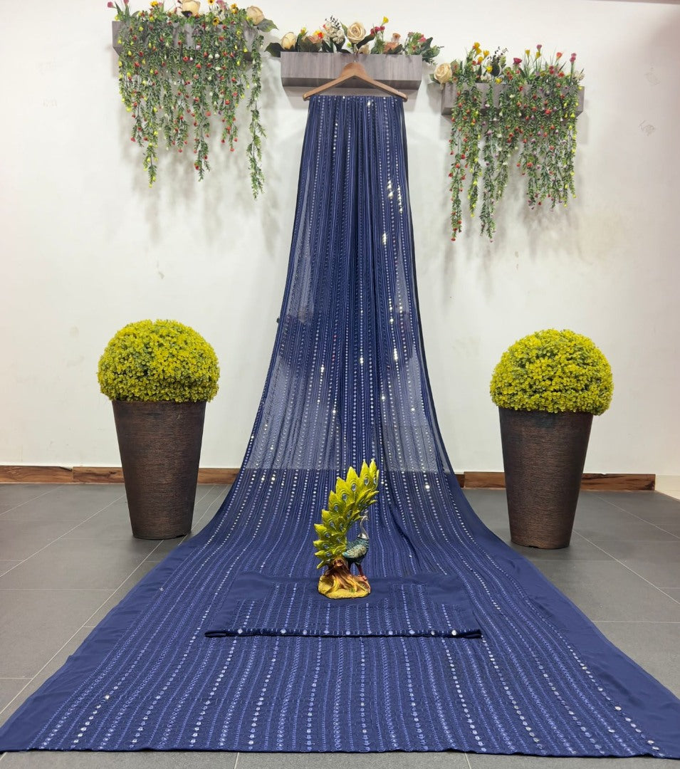 Dark blue georgette thread and sequence work party wear saree