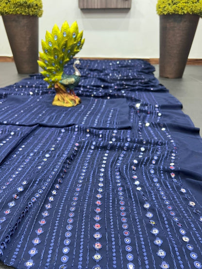 Dark blue georgette thread and sequence work party wear saree