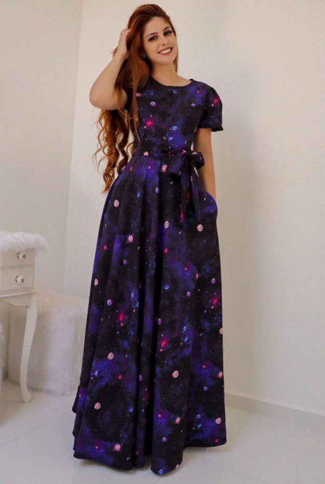 Dark blue heavy american crape galaxy printed gown