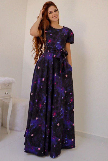 Dark blue heavy american crape galaxy printed gown