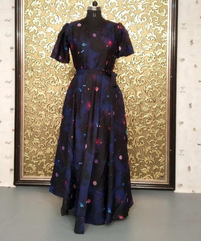 Dark blue heavy american crape galaxy printed gown