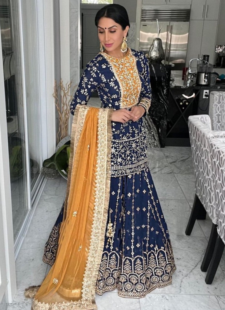 Dark blue heavy embroidery work designer wedding lehenga suit