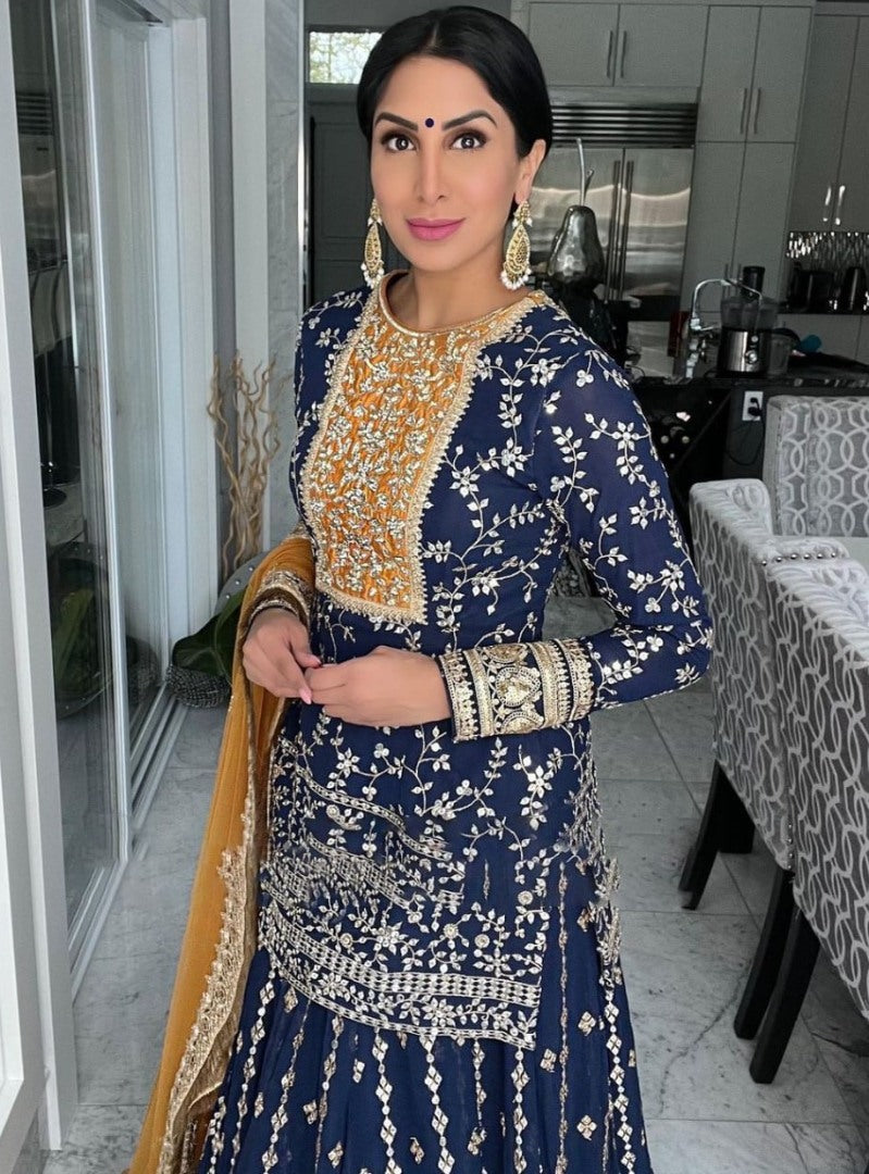 Dark blue heavy embroidery work designer wedding lehenga suit