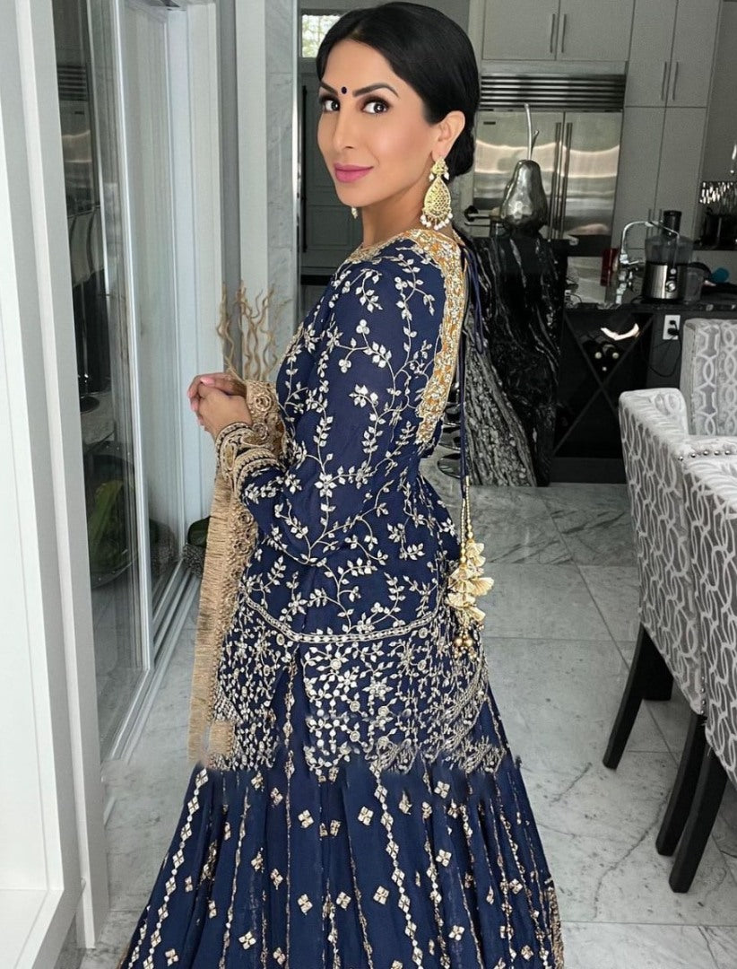 Dark blue heavy embroidery work designer wedding lehenga suit