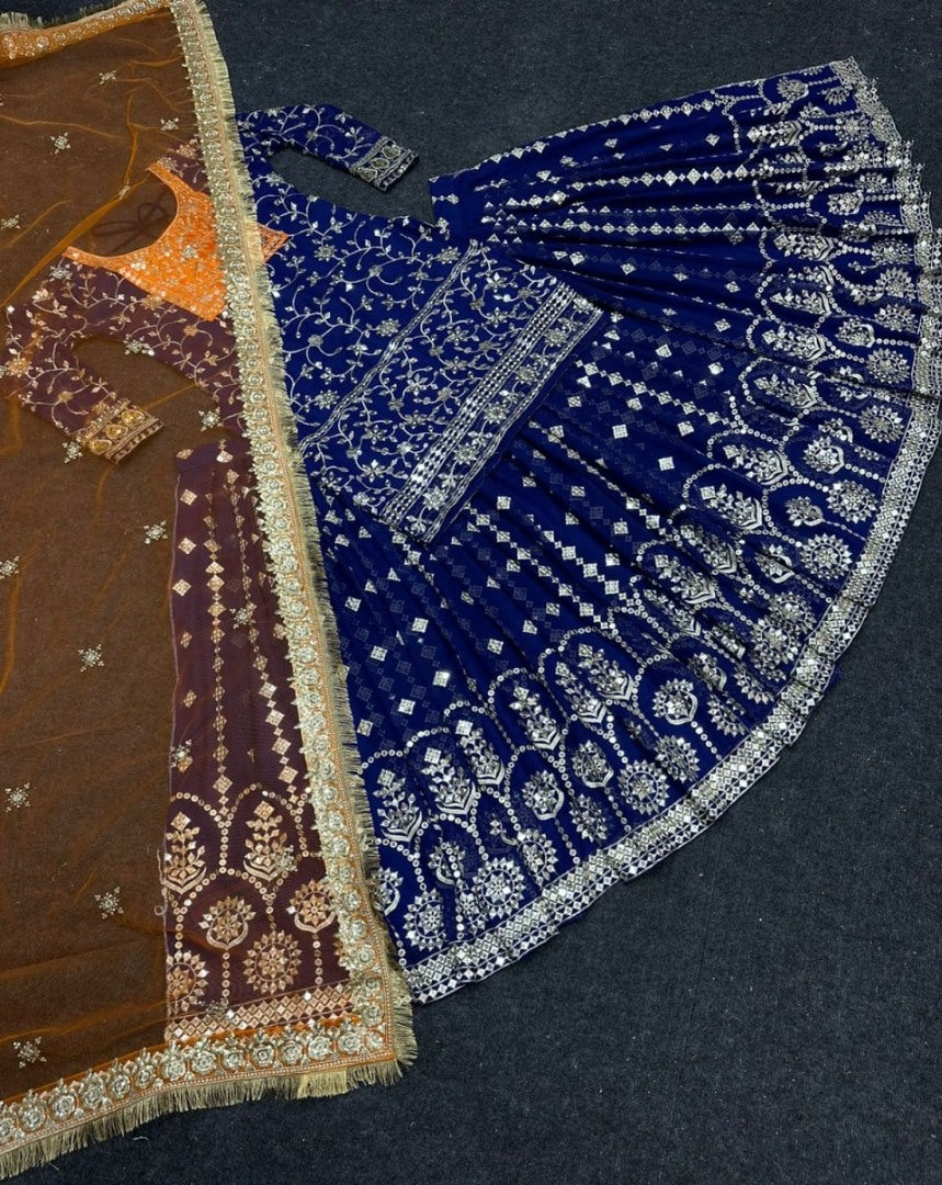 Dark blue heavy embroidery work designer wedding lehenga suit