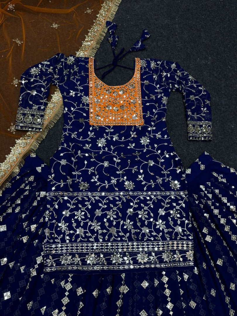 Dark blue heavy embroidery work designer wedding lehenga suit