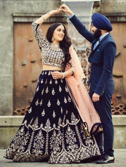 Dark blue Heavy velvet embroidered wedding lehenga choli