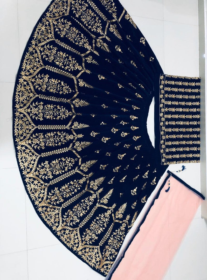 Dark blue Heavy velvet embroidered wedding lehenga choli