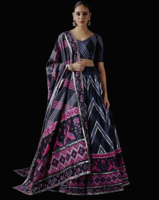 Dark blue italian silk digital printed partywear lehenga choli