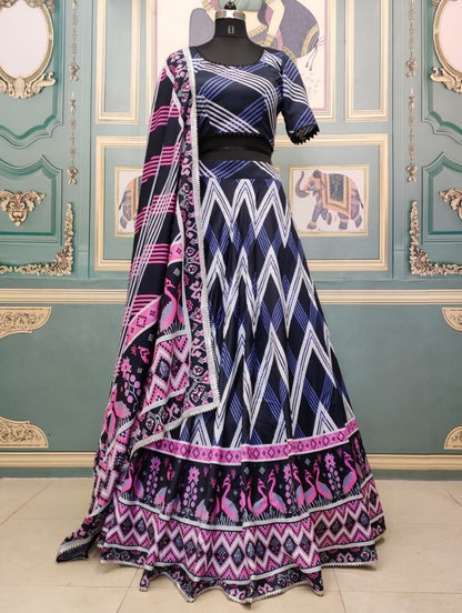 Dark blue italian silk digital printed partywear lehenga choli