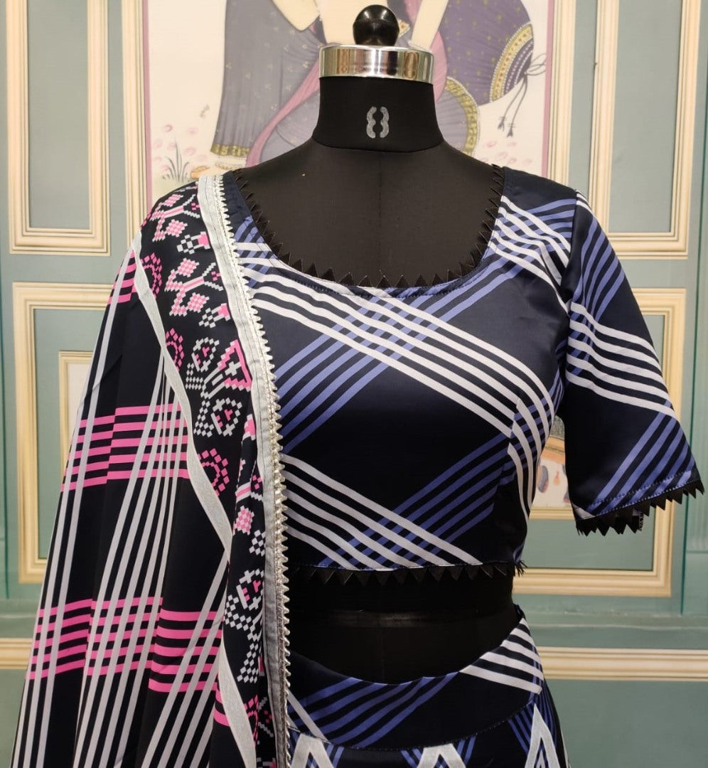 Dark blue italian silk digital printed partywear lehenga choli