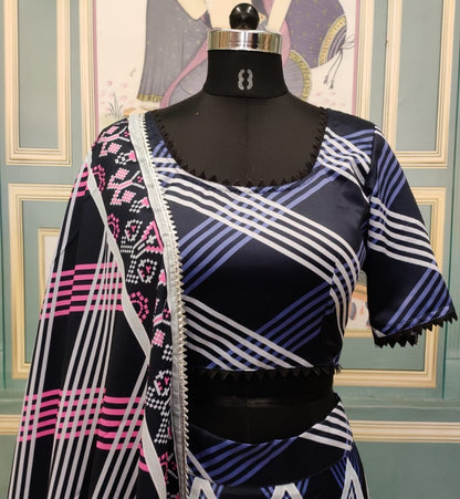 Dark blue italian silk digital printed partywear lehenga choli